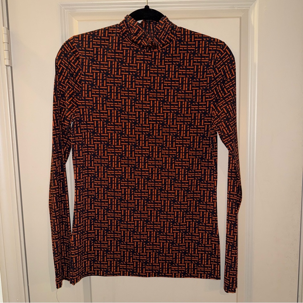 Boss Dark Navy Blue & Orange Ezeta Print Long Sleeve Mock Neck Top